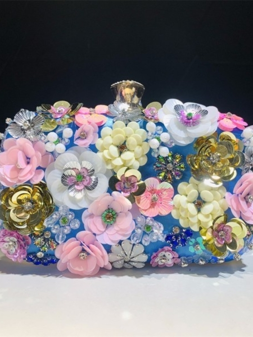 Embellished Floral Evening Clutch in Blue with Pastel Flowers